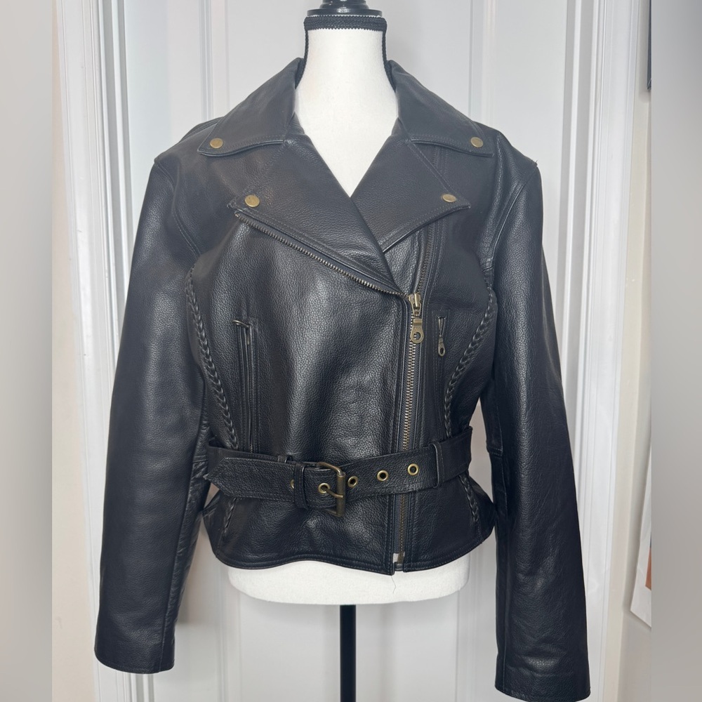 Himalaya Motor BikeWear Women’s Black Leather Motorcycle Jacket, Sz 6
